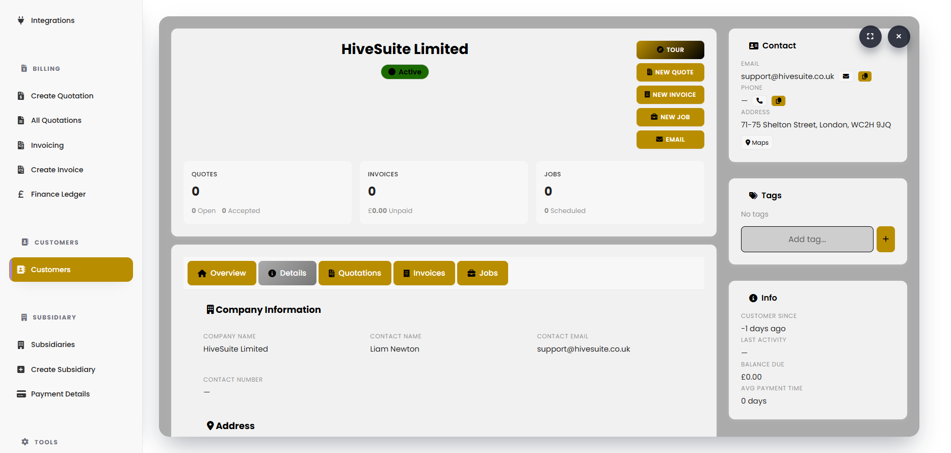 HiveSuite customer overview showing property inspection history