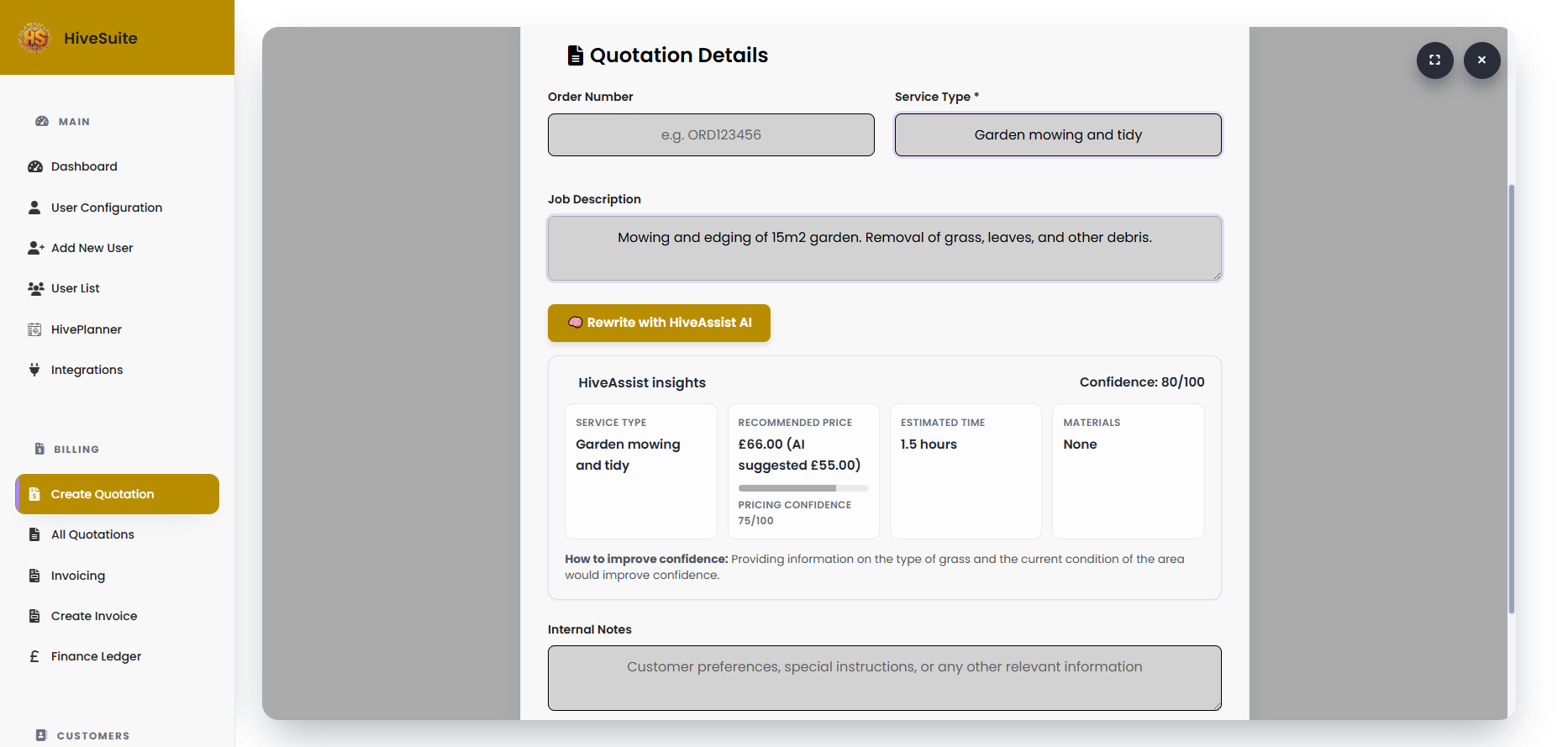 HiveAssist helping rewrite a quotation with suggested pricing and service details