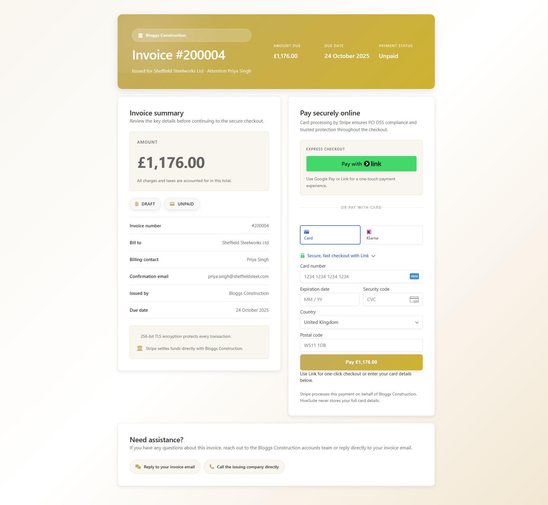 Stripe payment integration showing instant payment options