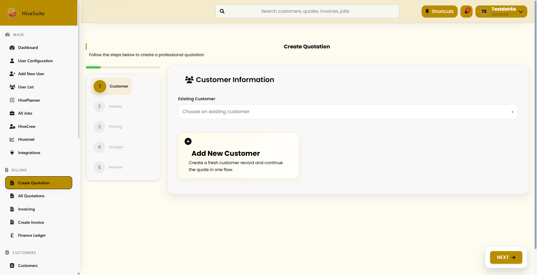 Current HiveSuite quotation creation screen