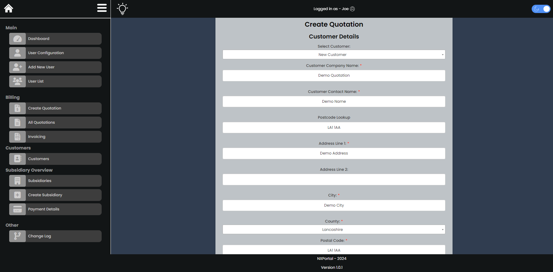 Old NXPortal quotation creation screen