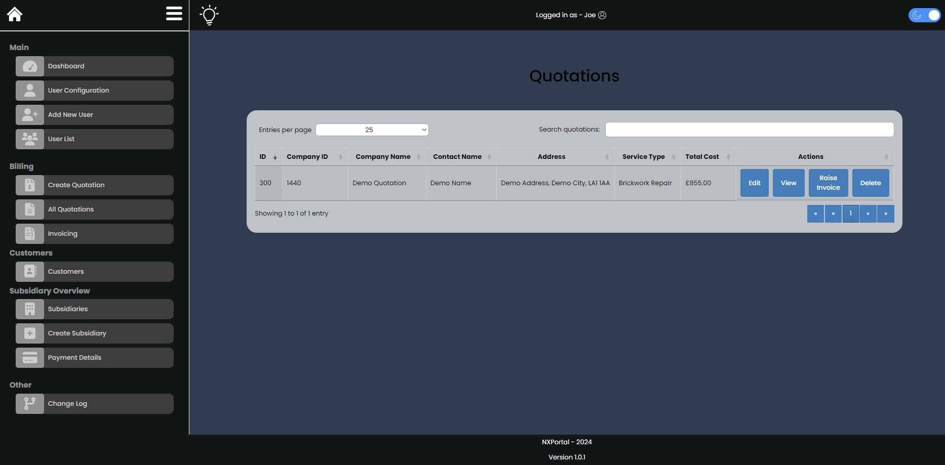 Old NXPortal quotation list screenshot